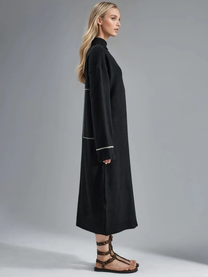 MY FASHION Black MY FASHION Polo Collar Ribbed Midi Knit Dress for Women | Best Price UAE